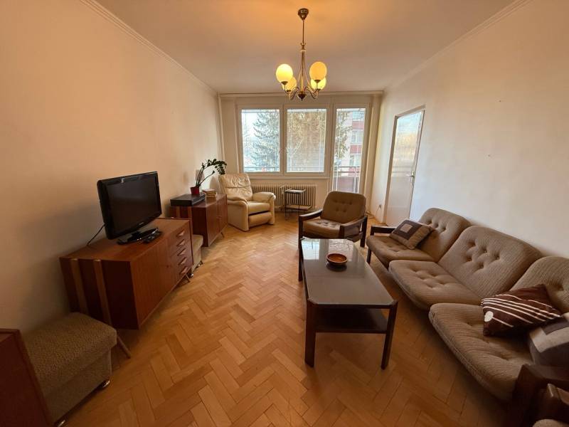 Living room in a three-room apartment with a sofa, television, and wooden decor flooring.