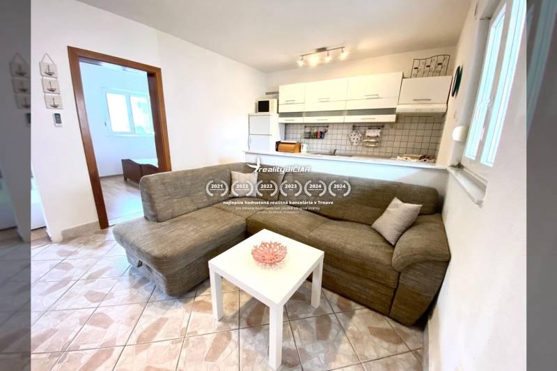 Interior of a family house with a sofa, white table, and kitchenette.
