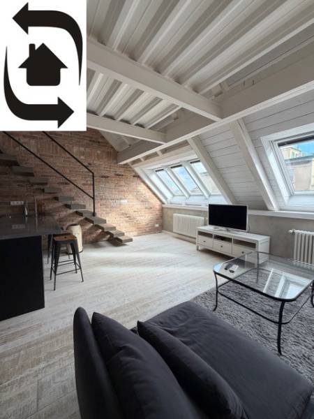 Attic 4-room apartment with a brick wall and wooden decor flooring.