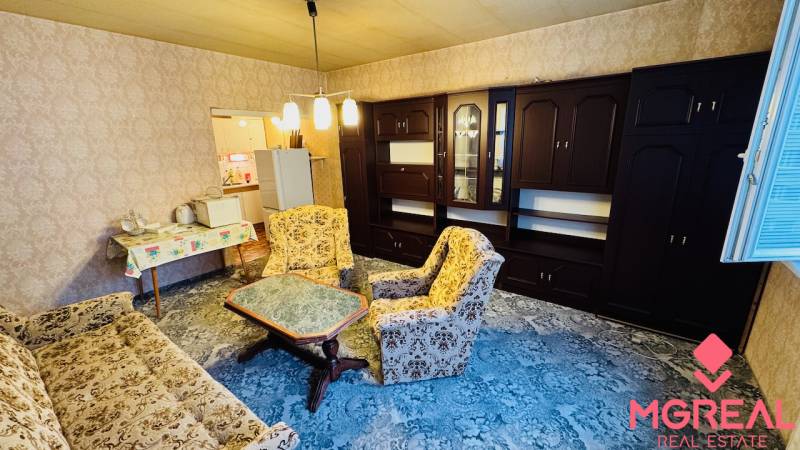 A living room in a two-room apartment with older furniture and a carpet on the floor.