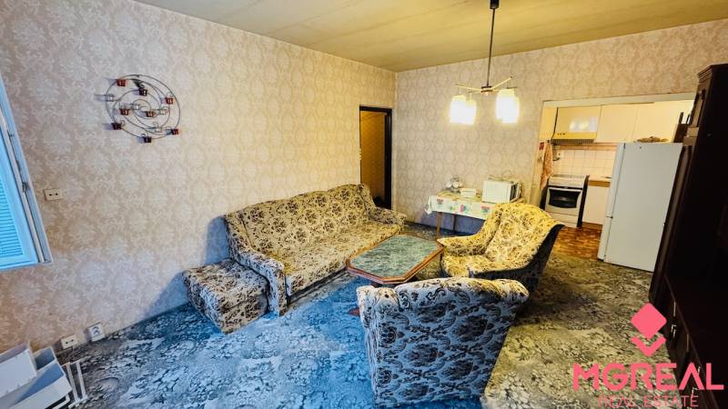 Living room with a retro sofa set, patterned carpet, entrance to the kitchen in a two-room apartment.