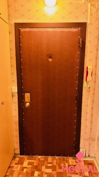 Entrance door to a 2-room apartment with a wood decor on the floor.