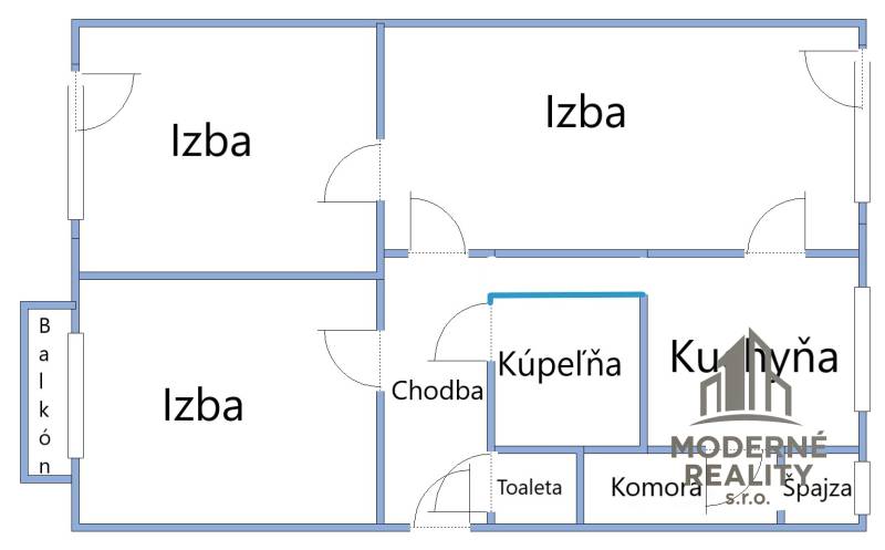 Floor plan of a 3-room apartment with a hallway, bathroom, toilet, kitchen, storage room, pantry, and balcony.