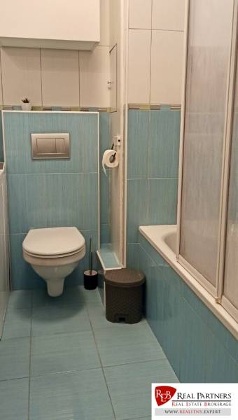 Bathroom in a 2-room apartment with blue tiles, a wall-mounted toilet, and a bathtub with a screen.
