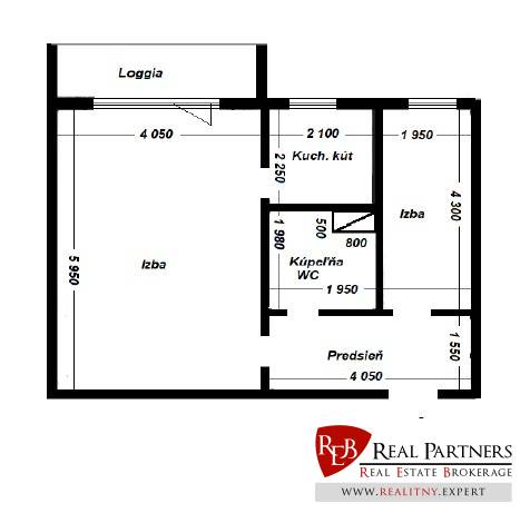 Floor plan of a 2-room apartment with a loggia, kitchenette, bathroom, and hallway.