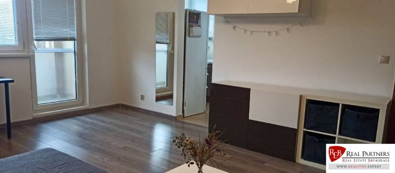 Living room in a two-room apartment with a wooden decor floor and furniture.