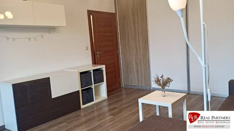 Living room in a two-room apartment with a wooden decor floor and modern furniture.