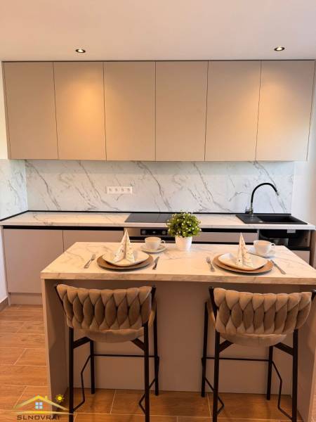 A kitchen with a bar counter, a wooden decor floor, and light furniture in a two-room apartment.