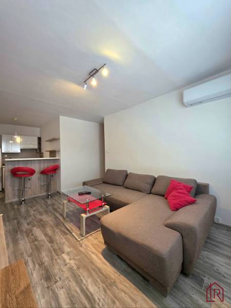 Living room of a two-room apartment with dark furniture and a wooden decor floor.