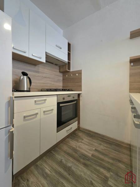 A kitchen in a 2-room apartment with white cabinets and a wood-patterned floor.