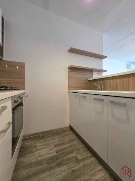 A kitchen unit in a 2-room apartment with a wood-patterned floor and a built-in oven.