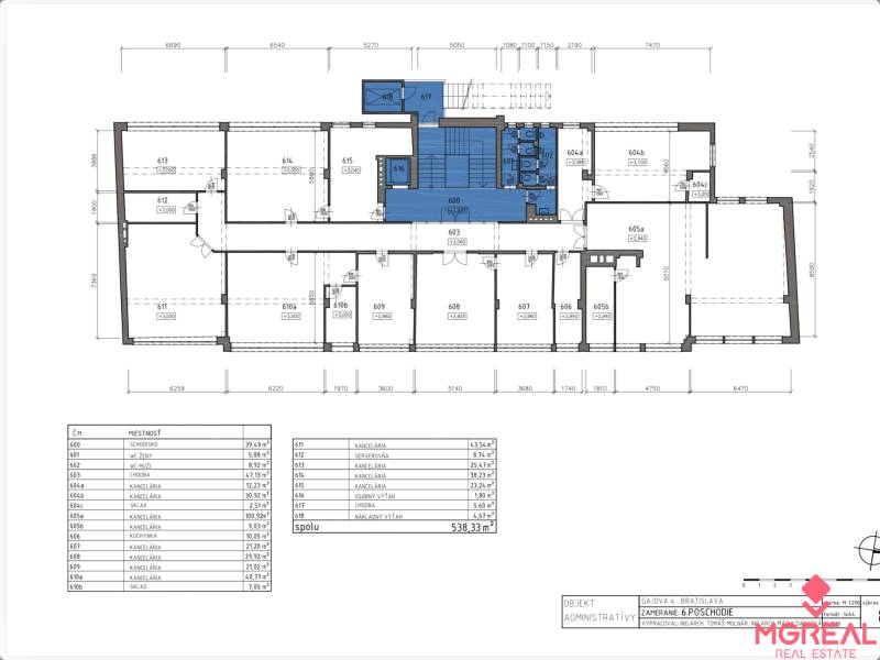 Floor plan of offices on the sixth floor on Gajova Street, Bratislava - Old Town.