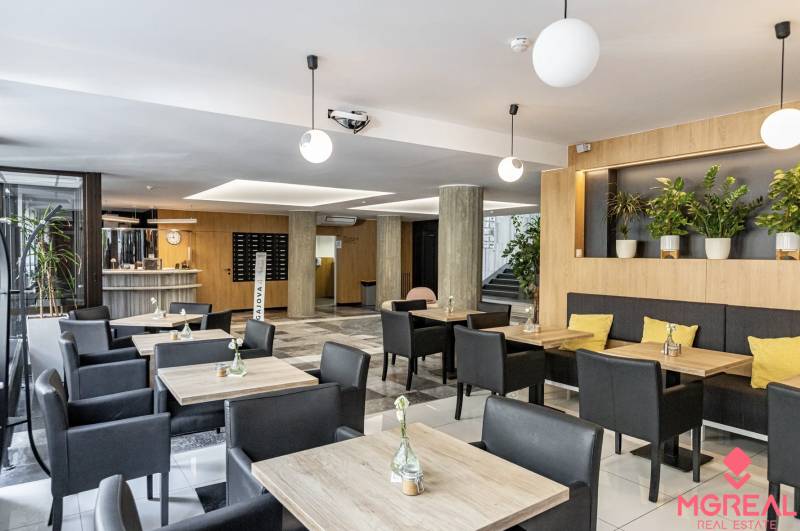 Offices with wood-patterned flooring, desks, black chairs, and plants in Bratislava.