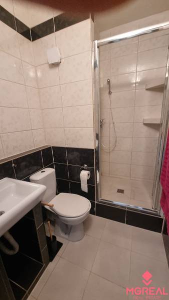 Bathroom with a sink, toilet, and shower in a studio apartment.