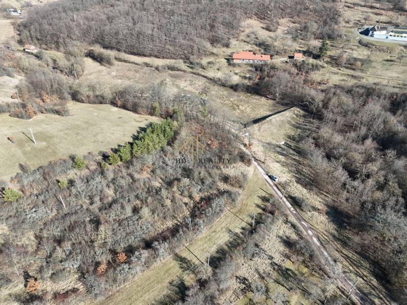 Aerial view of properties - housing in Krupina with trees and meadows around.