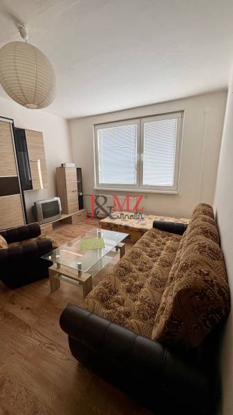 Studio apartment with wood-patterned flooring, a sofa, and a glass coffee table.