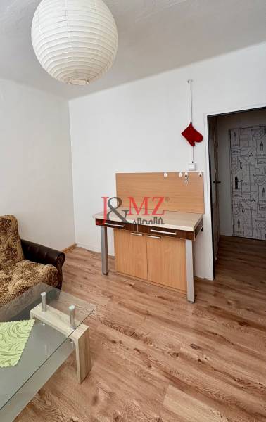 Studio apartment with a sofa, glass table, and wood-patterned flooring.