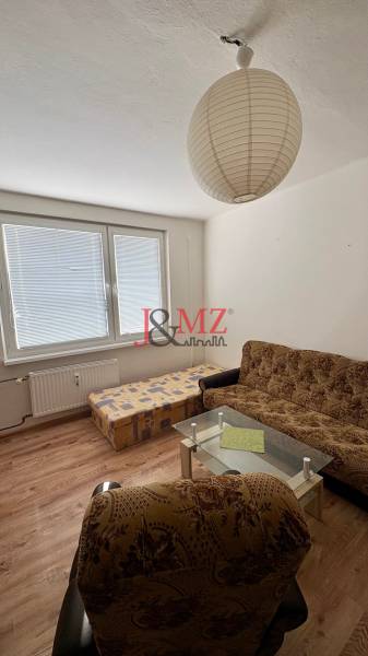 The studio apartment includes a sofa, an armchair, a coffee table, a floor with a wooden decor, and a large window.