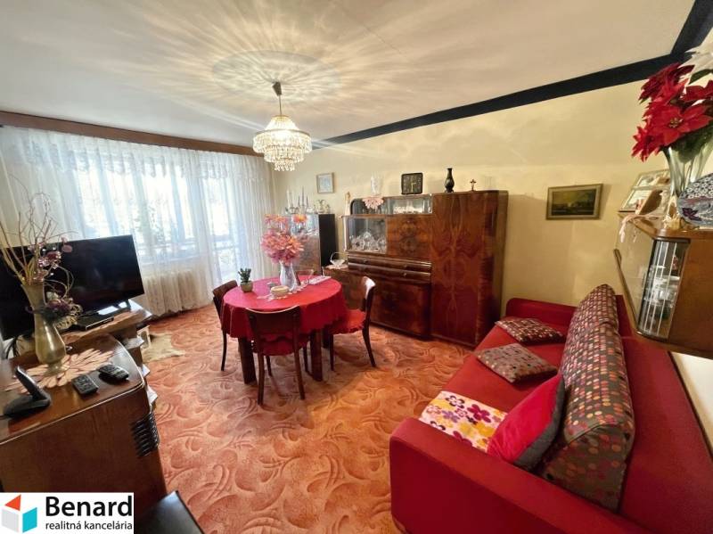 Living room in a 3-room apartment with carpeted flooring and wooden furniture.
