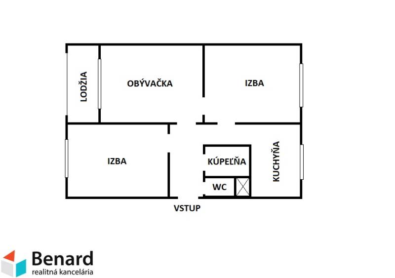 Floor plan of a 3-room apartment with a loggia, bathroom, and kitchen.