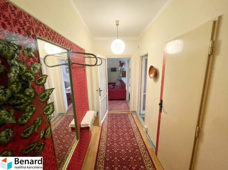 A hallway in a 3-room apartment with a wooden-patterned floor and a patterned carpet.
