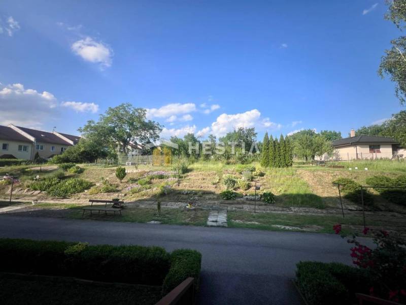 A peaceful garden with a bench and greenery by a 3-room apartment in Moravské Lieskové.
