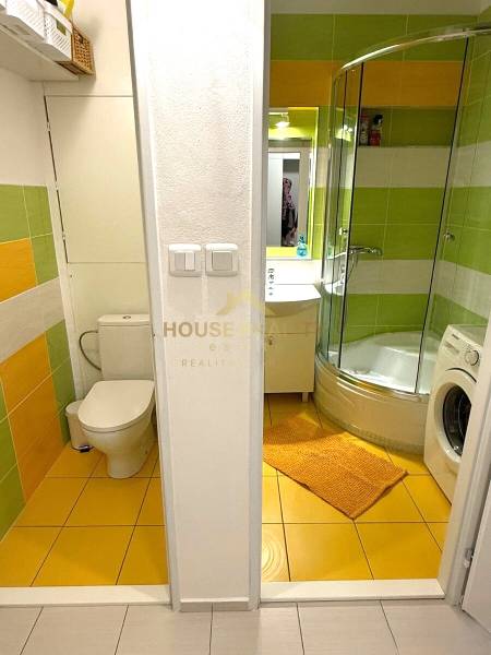 Bathroom and toilet in a 3-room apartment with colorful tiles and a shower corner.
