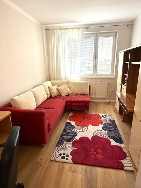 A room in a 3-room apartment with a red sofa, carpet, and a floor with a wooden decor.
