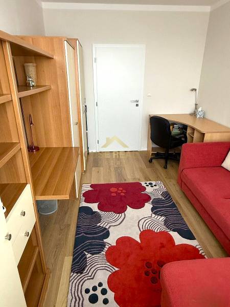 A room in a 3-room apartment with a wood-patterned floor, a red carpet, and a desk.