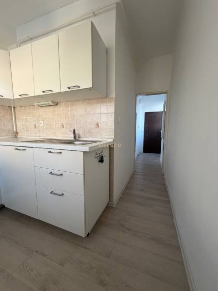 A kitchen in a studio apartment with white cabinets and a wood-patterned floor.