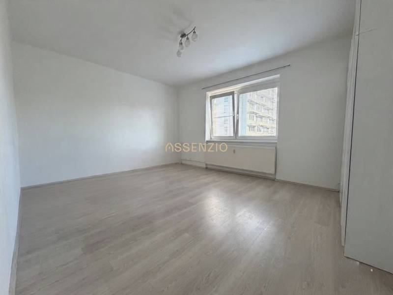 A spacious room in a one-bedroom apartment with a wooden decor floor.