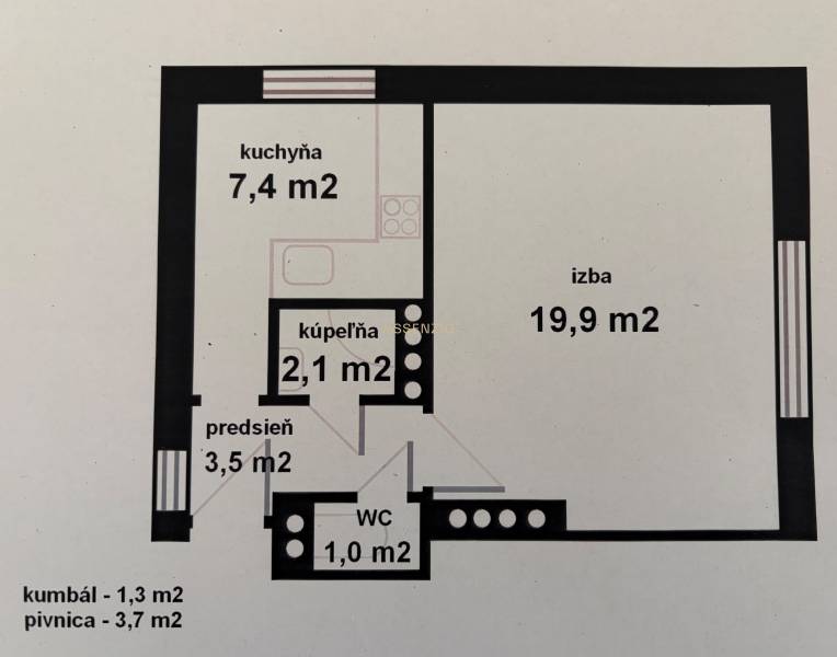 Floor plan of a one-room apartment with a kitchen, bathroom, toilet, and hallway.