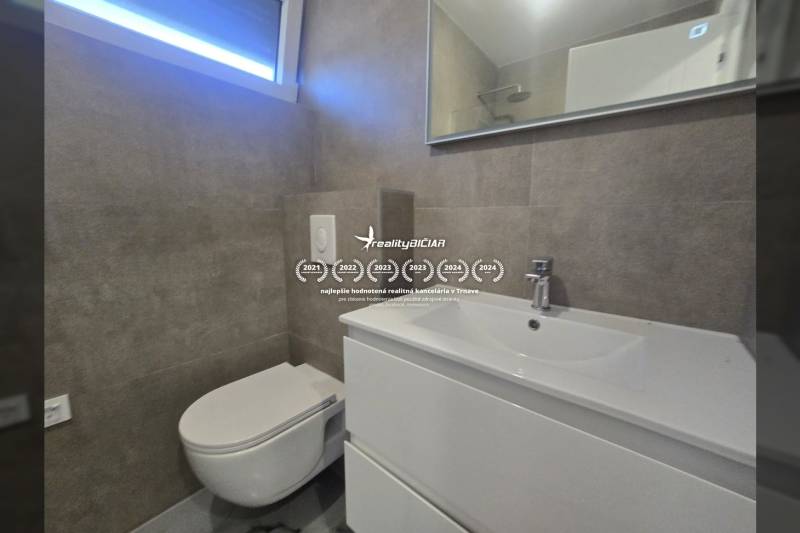 Bathroom in the Villa with a sink, wall-mounted toilet, and large mirror.