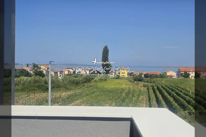 View from the Villa in Zukve, Vrsi to the sea, houses, and vineyards in the background.