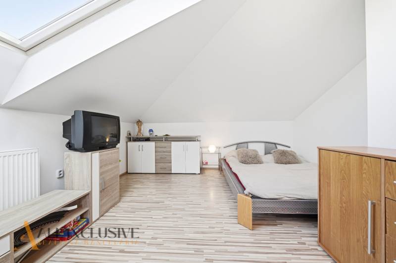Attic bedroom with a TV, bed, and wardrobes in a family house.
