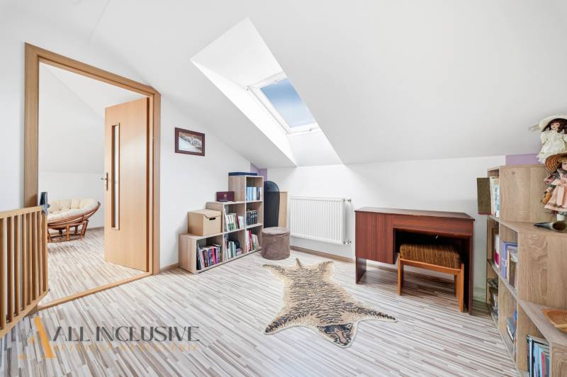 Attic room in a family house with a wooden decor floor and a skylight.