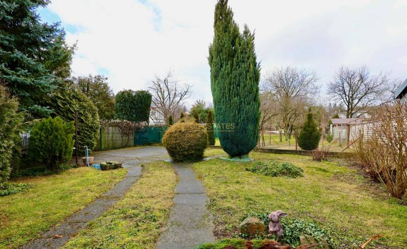 The garden of a family house on Kalinčiak Street in Michalovce with a walkway and trees.