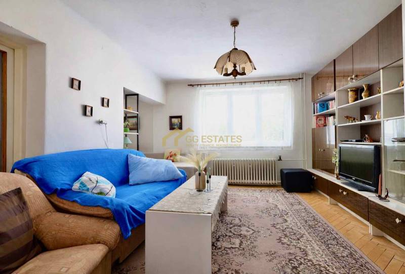 Living room in a family house with a carpet pattern and a furniture wall.