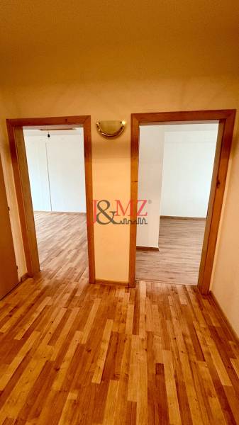 A hallway with entrances to two rooms, a floor with a wooden decor in a 2-room apartment.