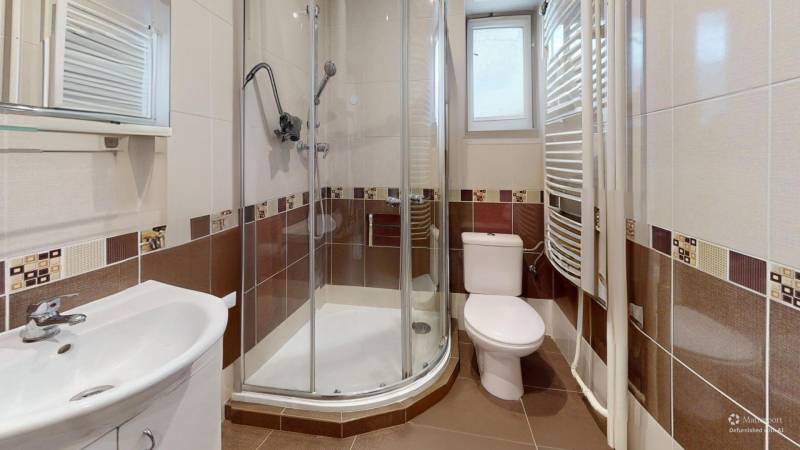 Bathroom with a shower, sink, and toilet in a family house.