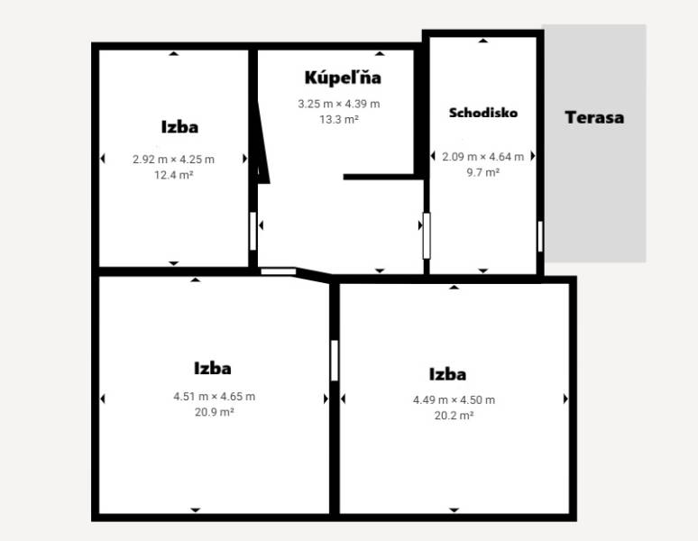 Floor plan of a family house in Pruské with four rooms and a terrace.