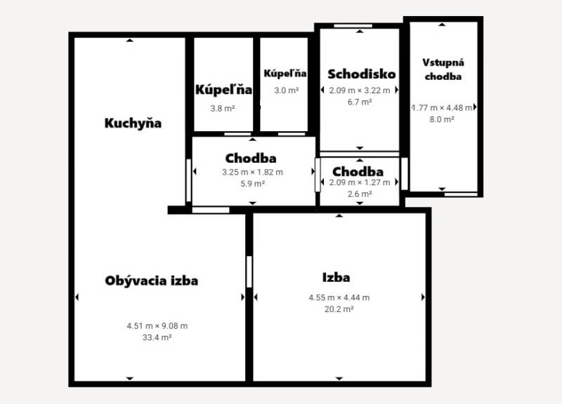 Floor plan of a family house in Pruské with a kitchen, living room, and other spaces.