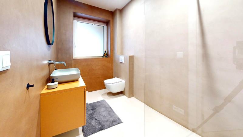 A family house bathroom with a sink, mirror, and wall-mounted toilet in soft tones.
