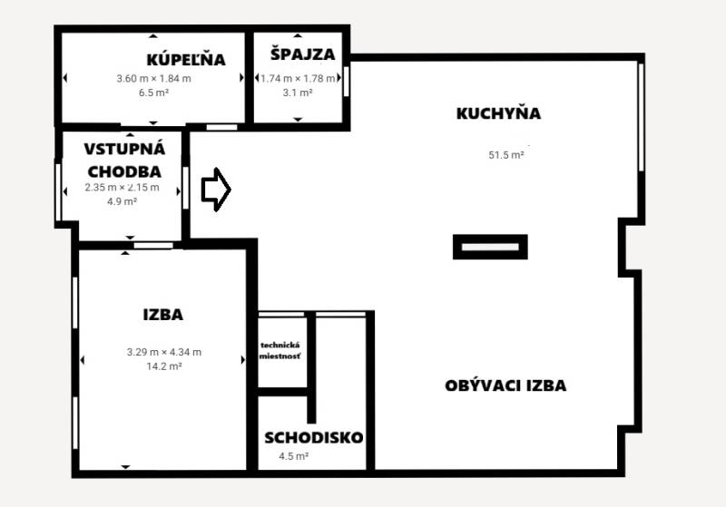 Floor plan of a family house with a kitchen, bathroom, bedroom, and living room.