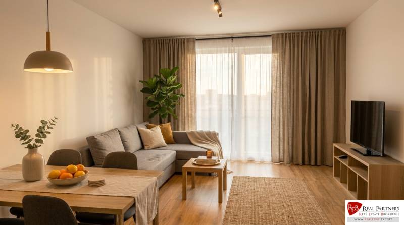 Living room in a two-room apartment with a wooden decor floor.