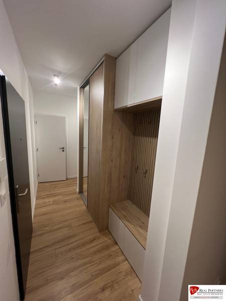 Narrow entrance space in a 2-room apartment with wood-patterned flooring and storage space.