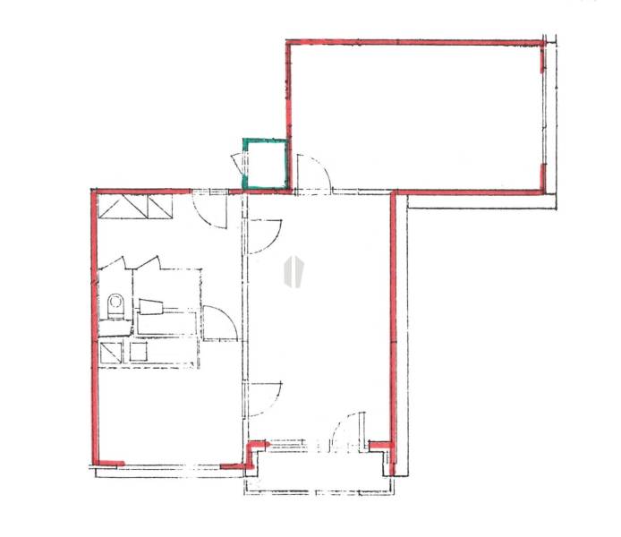 Floor plan of a 2-room apartment with the layout of rooms and entrances.