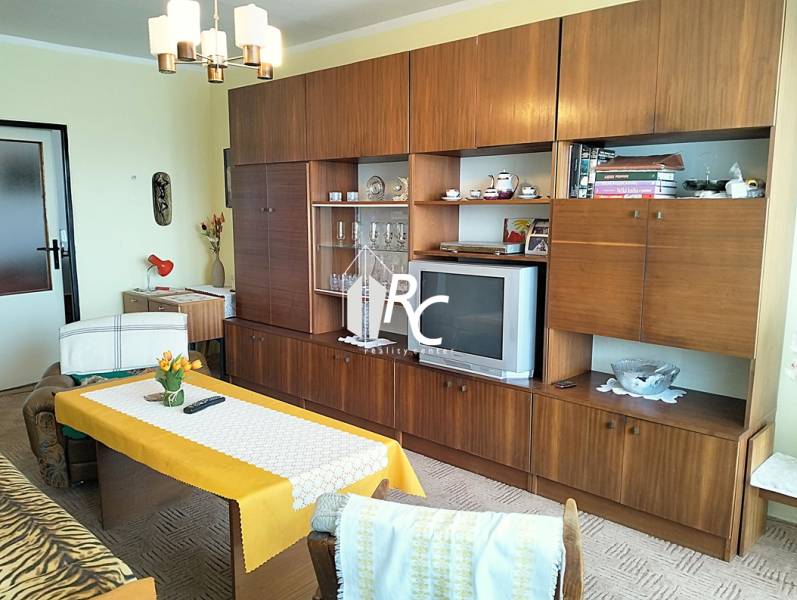 Living room in a 2-room apartment with wood decor furniture and a retro TV.