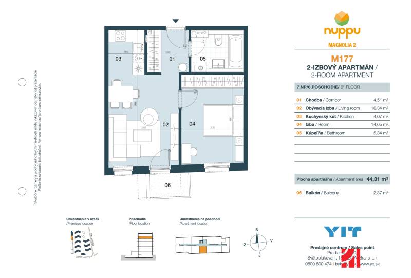 Floor plan of a 2-room apartment with a living room, kitchenette, bathroom, and balcony.
