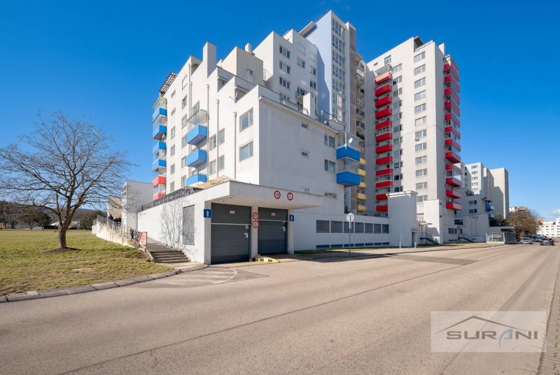 Apartment building on Saratovská Street in Bratislava with colorful balconies.